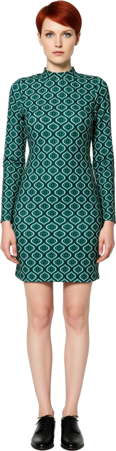 Kadın Bodycon Kesim Dik Yaka Uzun İspanyol Kollu Geometrik Desenli Mini Kışlık Örme Elbise