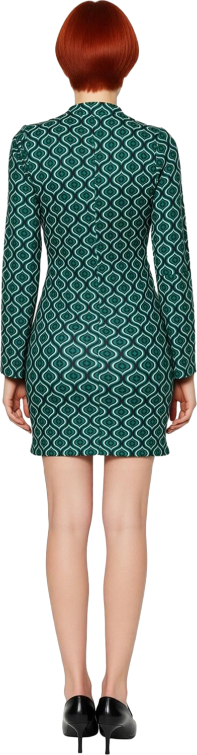 Kadın Bodycon Kesim Dik Yaka Uzun İspanyol Kollu Geometrik Desenli Mini Kışlık Örme Elbise