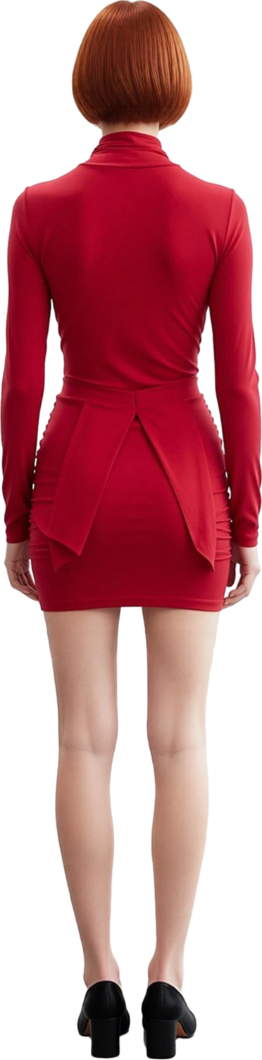 Kadın Kışlık Kırmızı Uzun Kollu Bodycon Mini Elbise Dik Yaka Tasarımıyla Gündüzden Geceye Şıklık