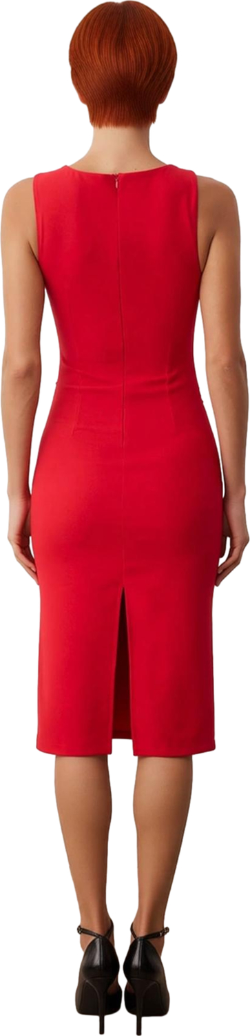 Kadınlara Özel Aksesuar Detaylı Bodycon Midi Elbise Gece Şıklığı Kolsuz Asimetrik Yaka Kaliteli