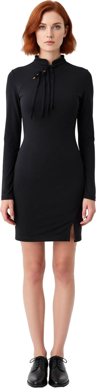Kadın Siyah Bağlama Detaylı Dik Yaka Bodycon Mini Elbise Şık Geceler İçin Astarlı Örme Kaliteli