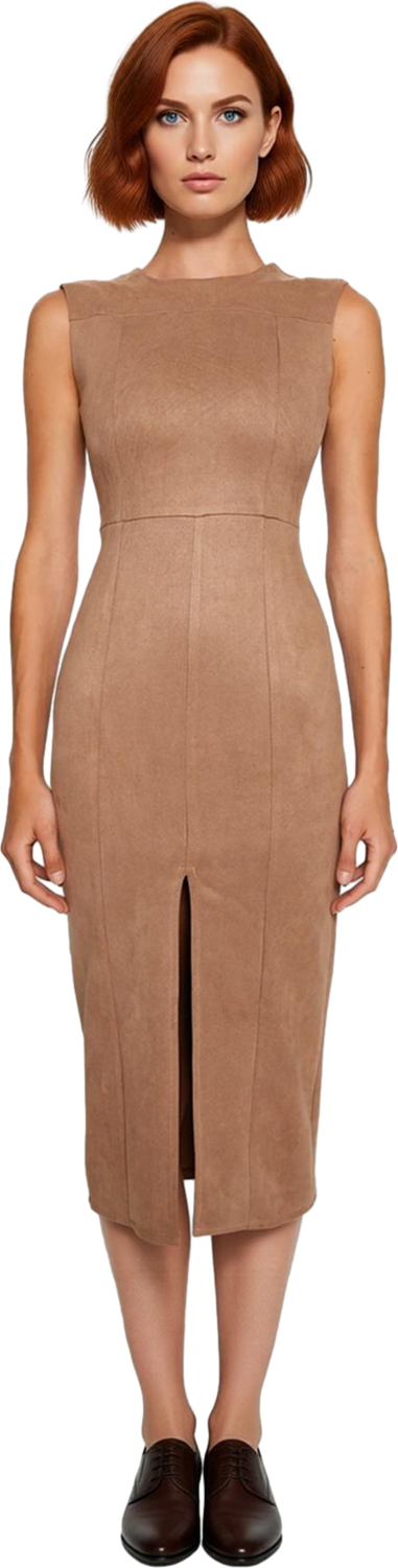 Kadın Zarif Bodycon Süet Dokuma Midi Elbise Kolsuz Bisiklet Yaka Düz Kesim Modern Şıklık Sunar.