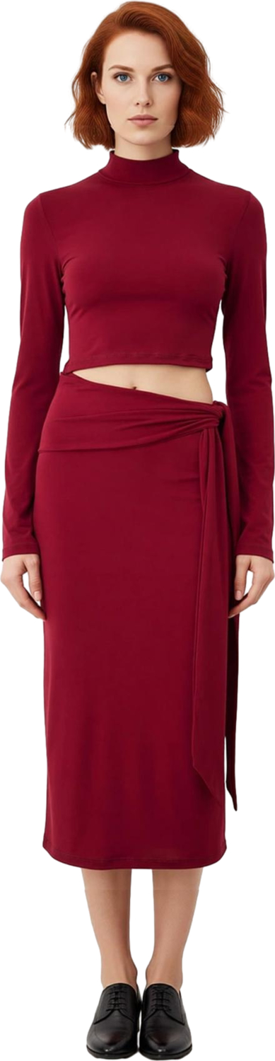 Kadın Bordo Cut Out Detaylı Midi Bodycon Elbise Dik Yaka Uzun Kollu Örme Kış Sezonu Kaliteli
