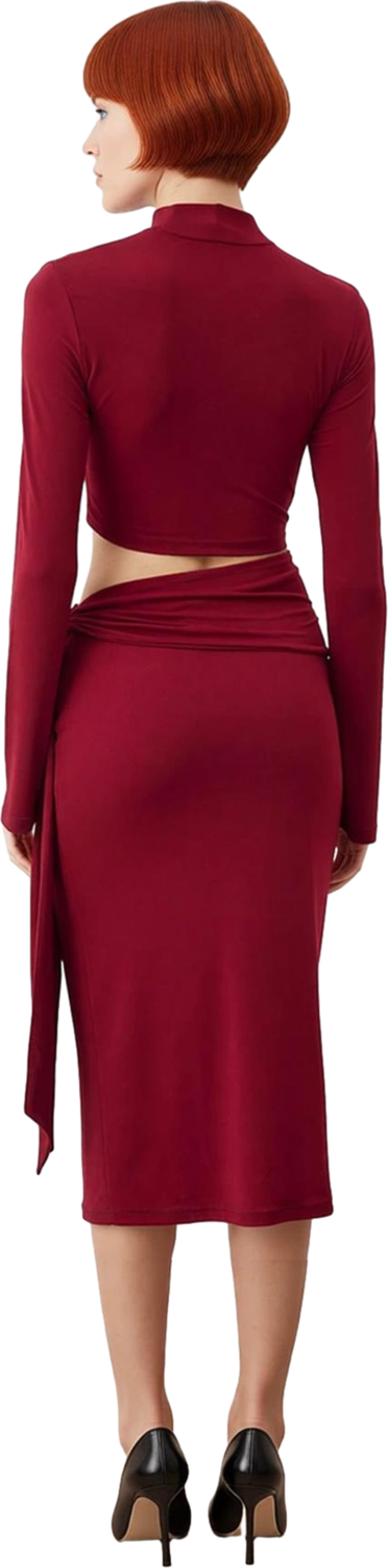 Kadın Bordo Cut Out Detaylı Midi Bodycon Elbise Dik Yaka Uzun Kollu Örme Kış Sezonu Kaliteli