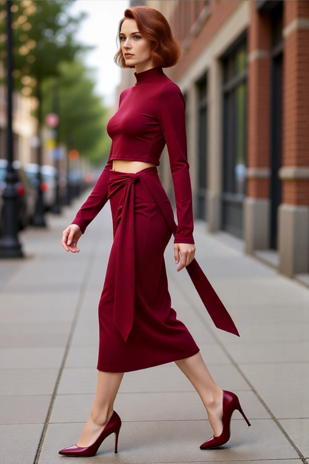 Kadın Bordo Cut Out Detaylı Midi Bodycon Elbise Dik Yaka Uzun Kollu Örme Kış Sezonu Kaliteli