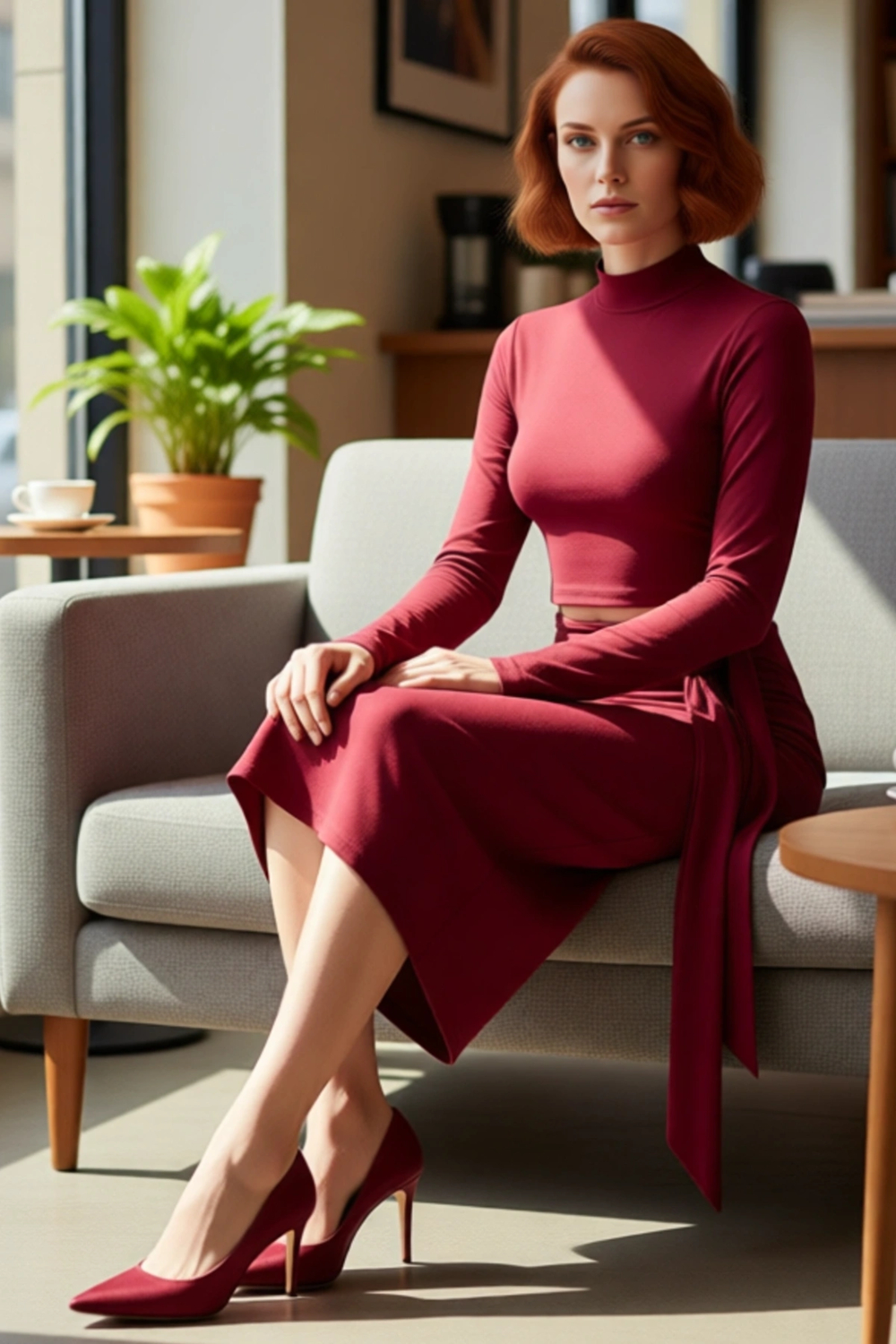 Kadın Bordo Cut Out Detaylı Midi Bodycon Elbise Dik Yaka Uzun Kollu Örme Kış Sezonu Kaliteli