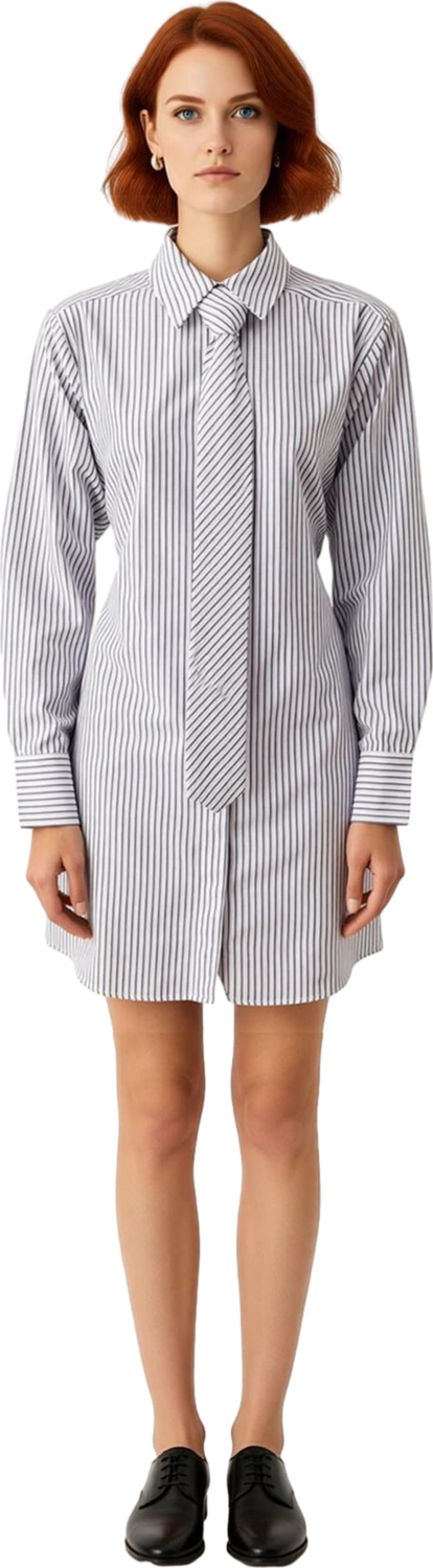 Kadın Beyaz Gri Çizgili Gömlek Yaka Mini Dokuma Elbise Casual Günlük Kullanım İçin Fashion Forward