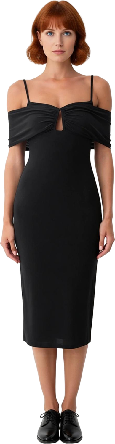 Kadın Feminine Bodycon Midi Elbise Carmen Yaka Askılı Düz Örme Sandy Kumaş Zarif Kokteyl Stili