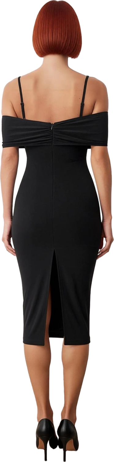 Kadın Feminine Bodycon Midi Elbise Carmen Yaka Askılı Düz Örme Sandy Kumaş Zarif Kokteyl Stili