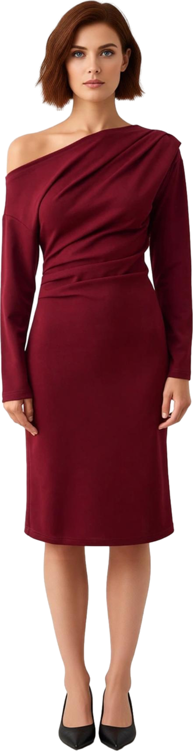 Şık Kadın Asimetrik Yaka Bodycon Kalıp Midi Boy Uzun Kollu Scuba Krep Örme Elbise Günlük ve Özel