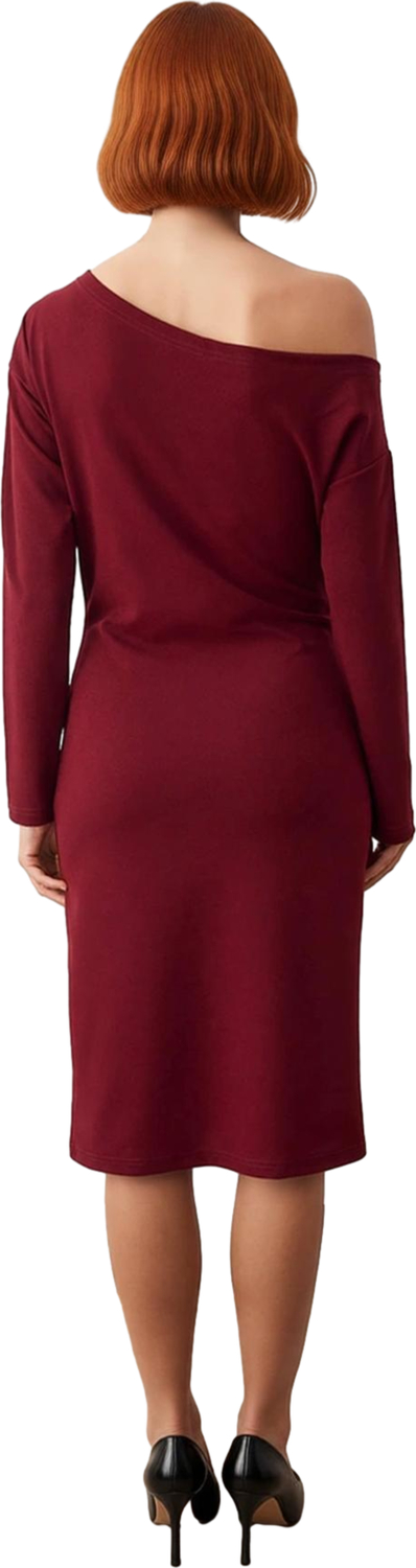 Şık Kadın Asimetrik Yaka Bodycon Kalıp Midi Boy Uzun Kollu Scuba Krep Örme Elbise Günlük ve Özel