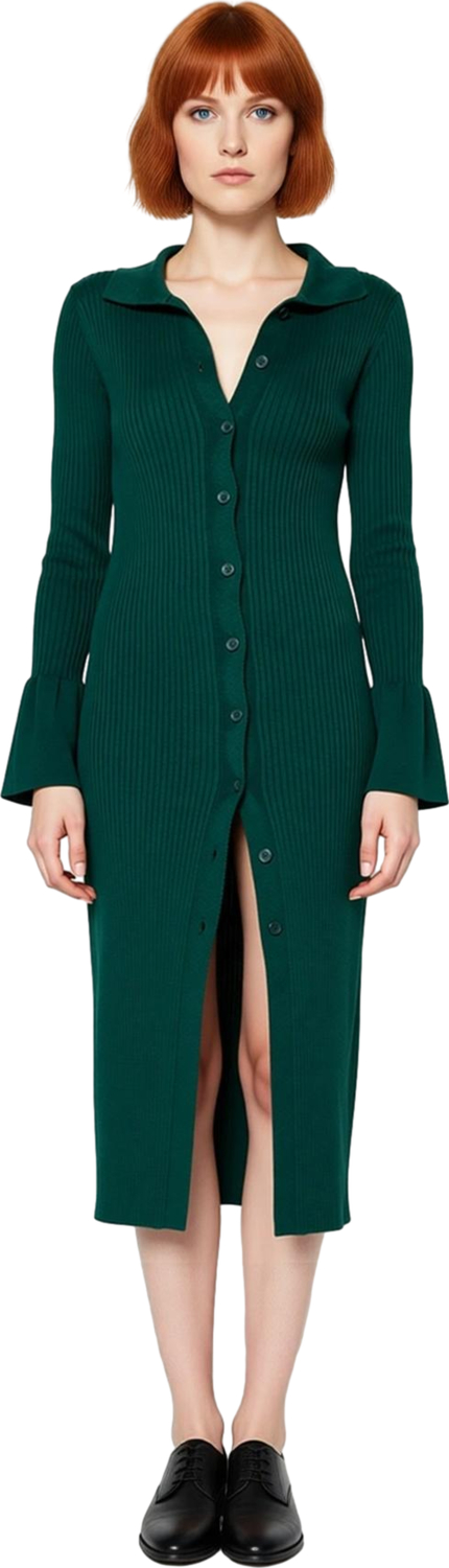 Kadın Triko Polo Yaka Maxi Elbise Fitilli Düz Uzun Kollu Bodycon Kesim Şık Kış Kombinleri İçin