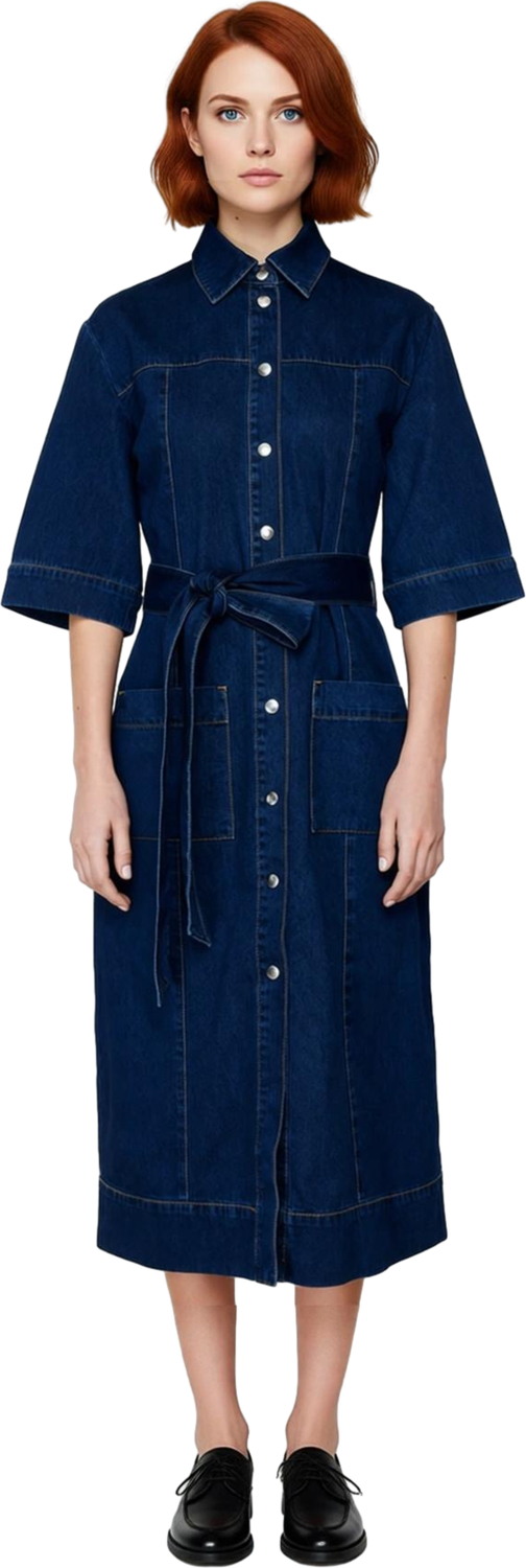 Kadın Düz Desen Shift Kalıp Gömlek Yaka Kısa Kollu Mavi %100 Pamuk Denim Maxi Elbise Casual Şıklık