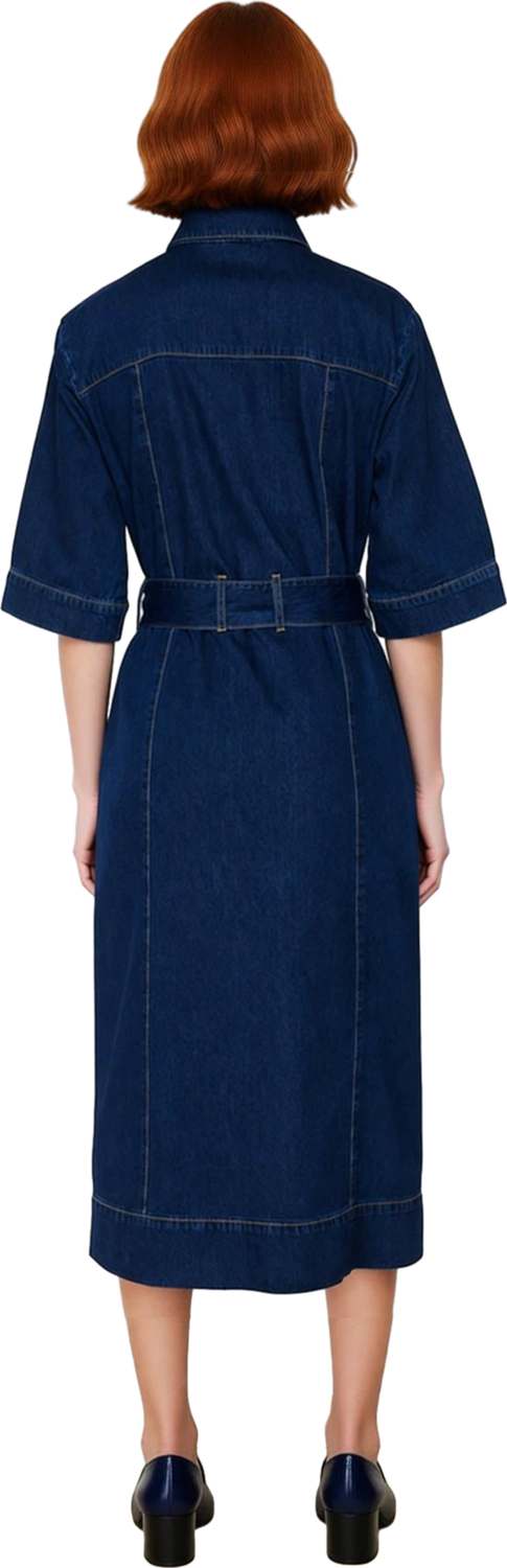 Kadın Düz Desen Shift Kalıp Gömlek Yaka Kısa Kollu Mavi %100 Pamuk Denim Maxi Elbise Casual Şıklık