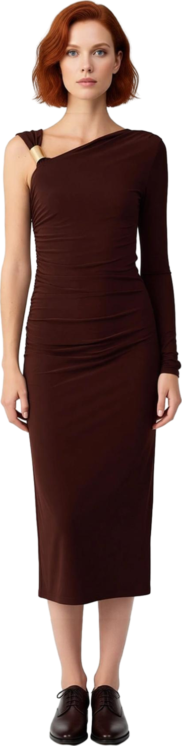 Kadın Şık Midi Boy Bodycon Asimetrik Yaka Tek Kollu Örme Elbise Aksesuar Detaylı Glam Koleksiyon