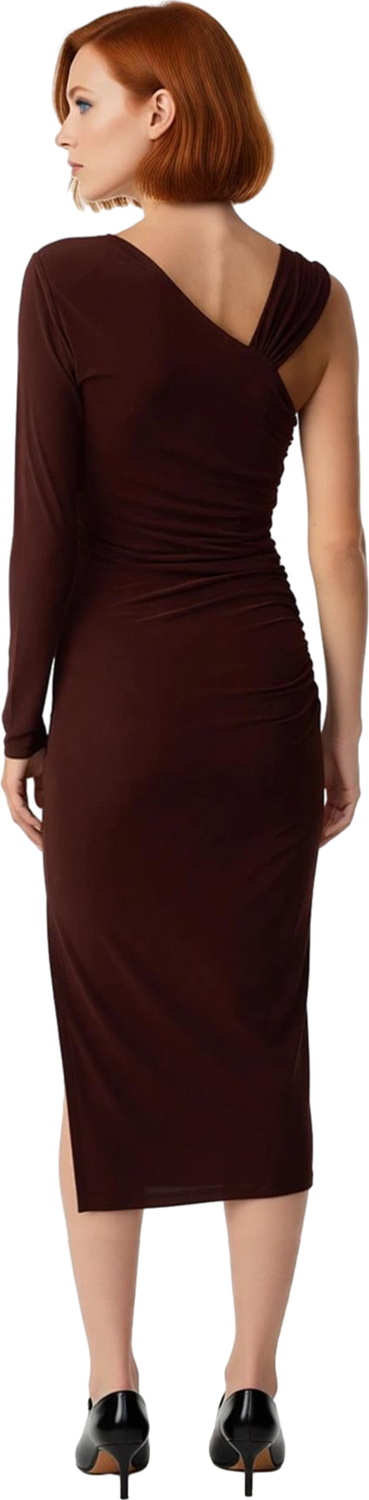 Kadın Şık Midi Boy Bodycon Asimetrik Yaka Tek Kollu Örme Elbise Aksesuar Detaylı Glam Koleksiyon