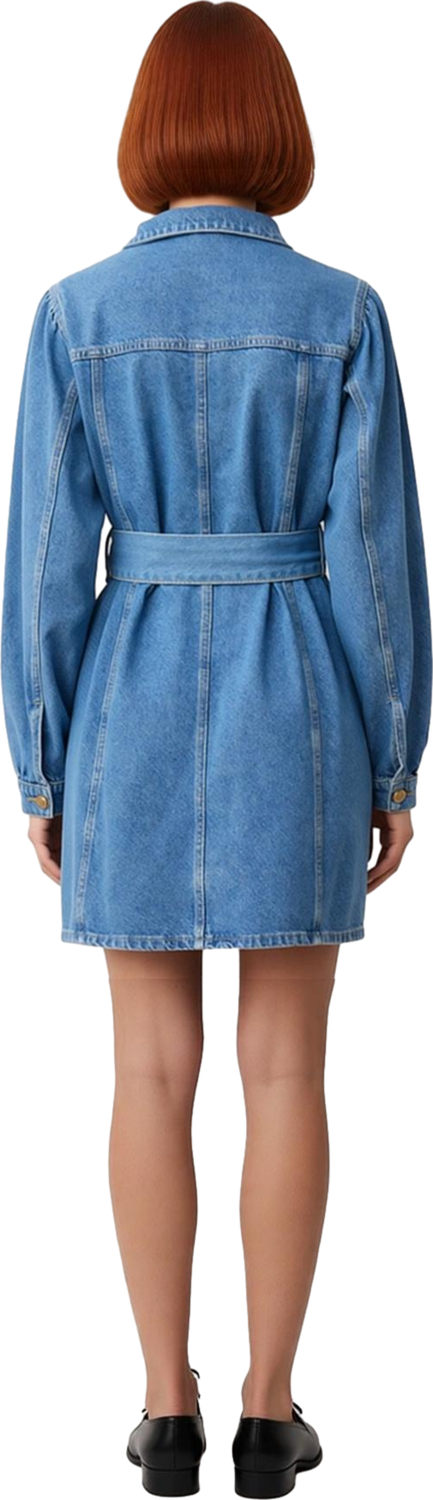 Kadın Denim Ceket Elbise Kuşak Detaylı Fermuarlı Gömlek Yaka Balon Kol Mini Boy Modern Tasarım