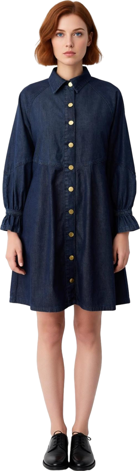 Kadın Cool Comfort A line Kesim Pamuklu Gömlek Yaka Astarsız Mini Denim Elbise Günlük Şıklık