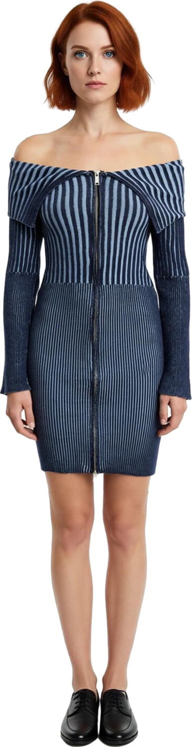 Kadın Degrade Çizgili İnce Triko Bodycon Mini Elbise Omuz Detaylı Uzun Kollu Şık Tasarım Kaliteli