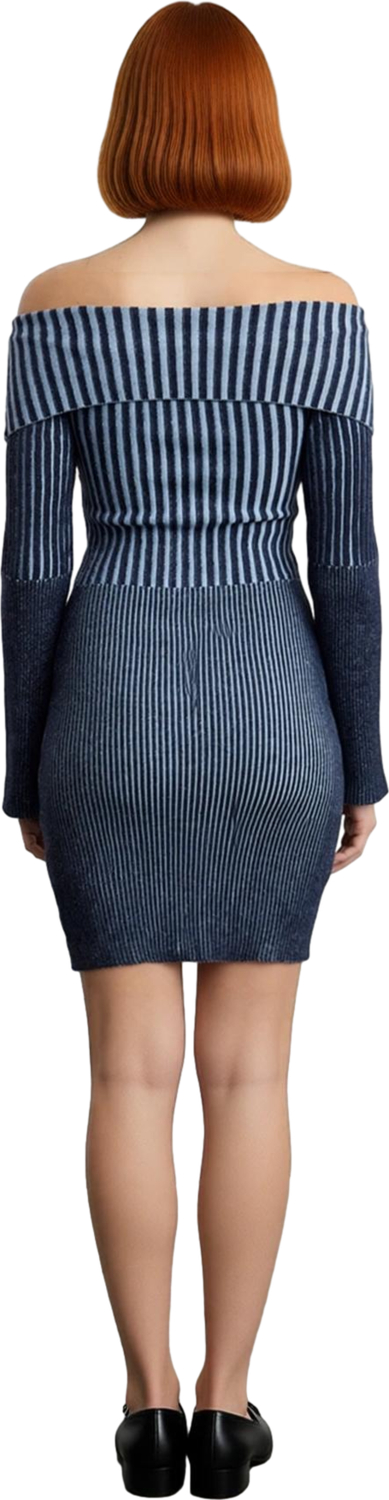 Kadın Degrade Çizgili İnce Triko Bodycon Mini Elbise Omuz Detaylı Uzun Kollu Şık Tasarım Kaliteli