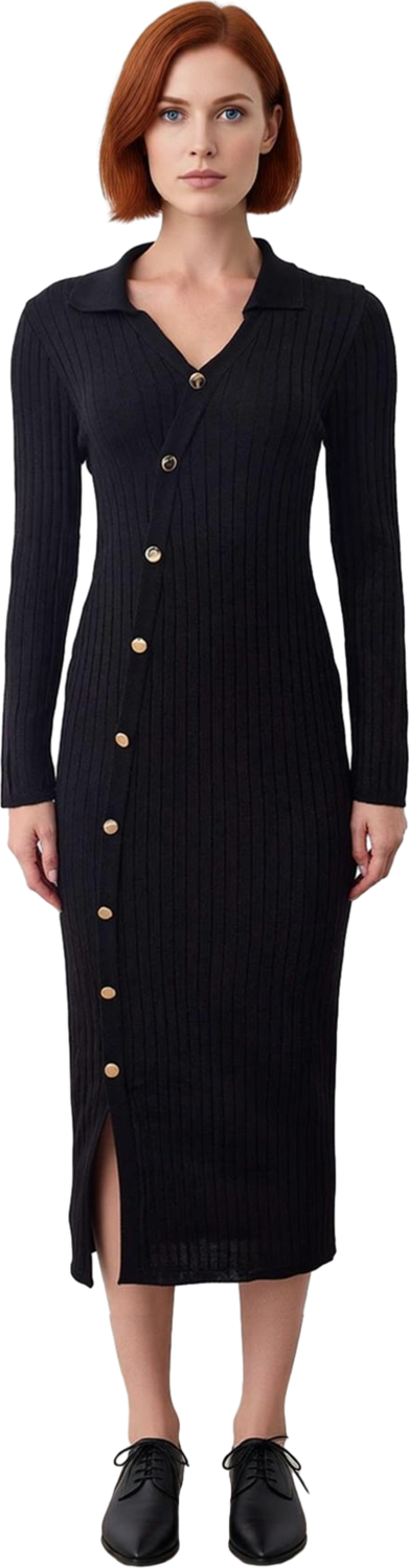 Kadın Şık Midi Bodycon Fitilli Triko Elbise Uzun Kollu V Yaka Asimetrik Düğmeli Modern Tasarım