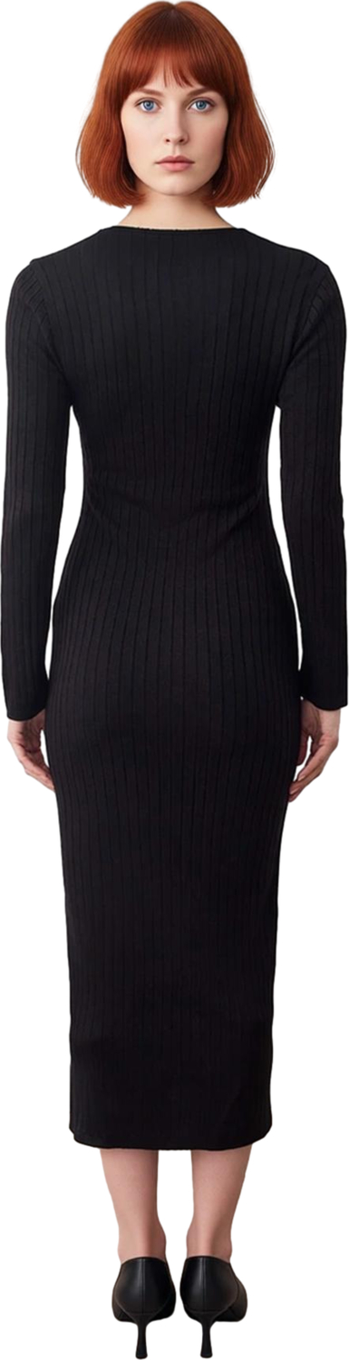 Kadın Şık Midi Bodycon Fitilli Triko Elbise Uzun Kollu V Yaka Asimetrik Düğmeli Modern Tasarım