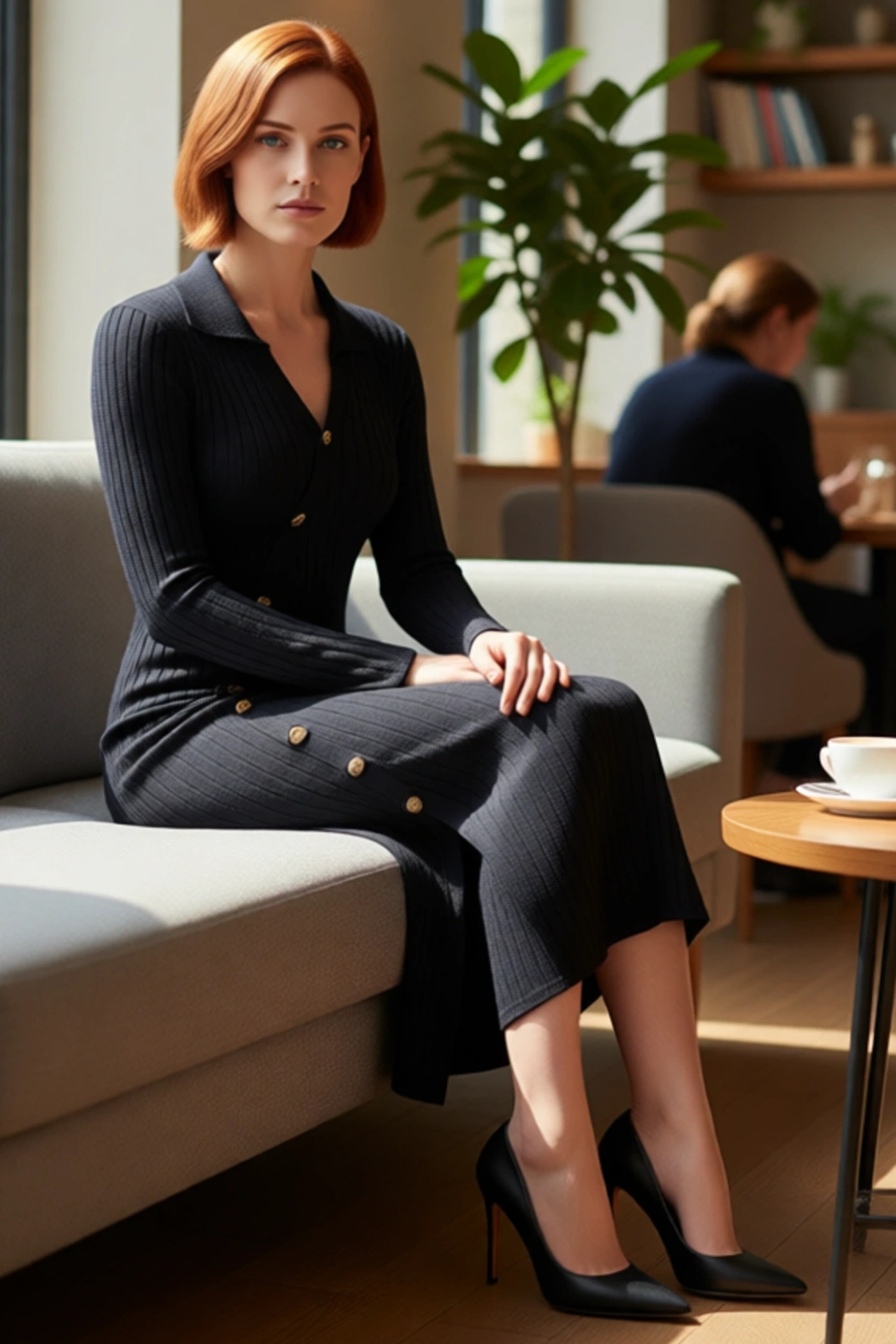 Kadın Şık Midi Bodycon Fitilli Triko Elbise Uzun Kollu V Yaka Asimetrik Düğmeli Modern Tasarım