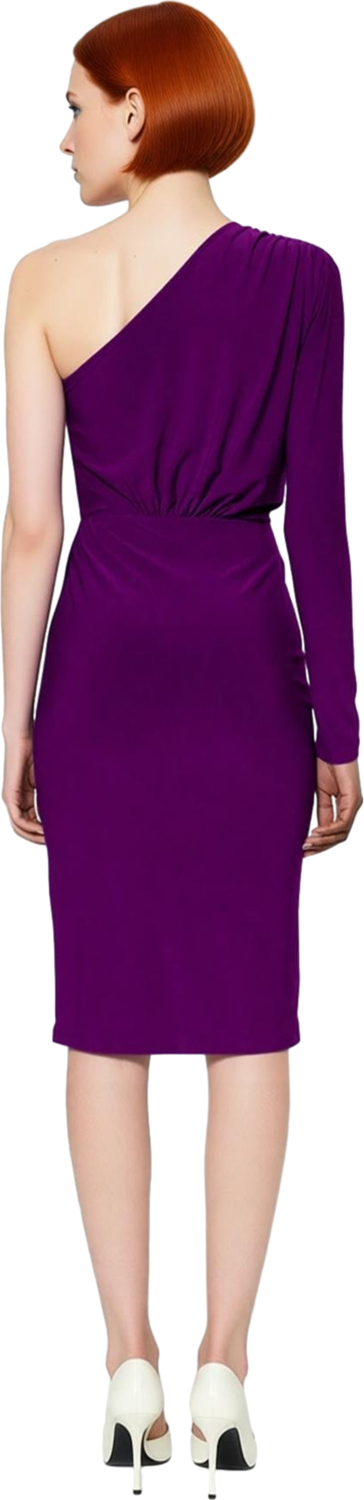 Moda Slim Casual Günlük Sandy Örme Asimetrik Yaka Uzun Kol Bodycone Midi Boy Elbise