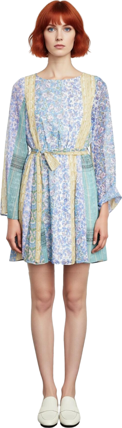Kadın Şifon Patchwork Mini Elbise İlkbahar Sonbahar Modası Bisiklet Yaka Skater Kalıp Uzun Kollu