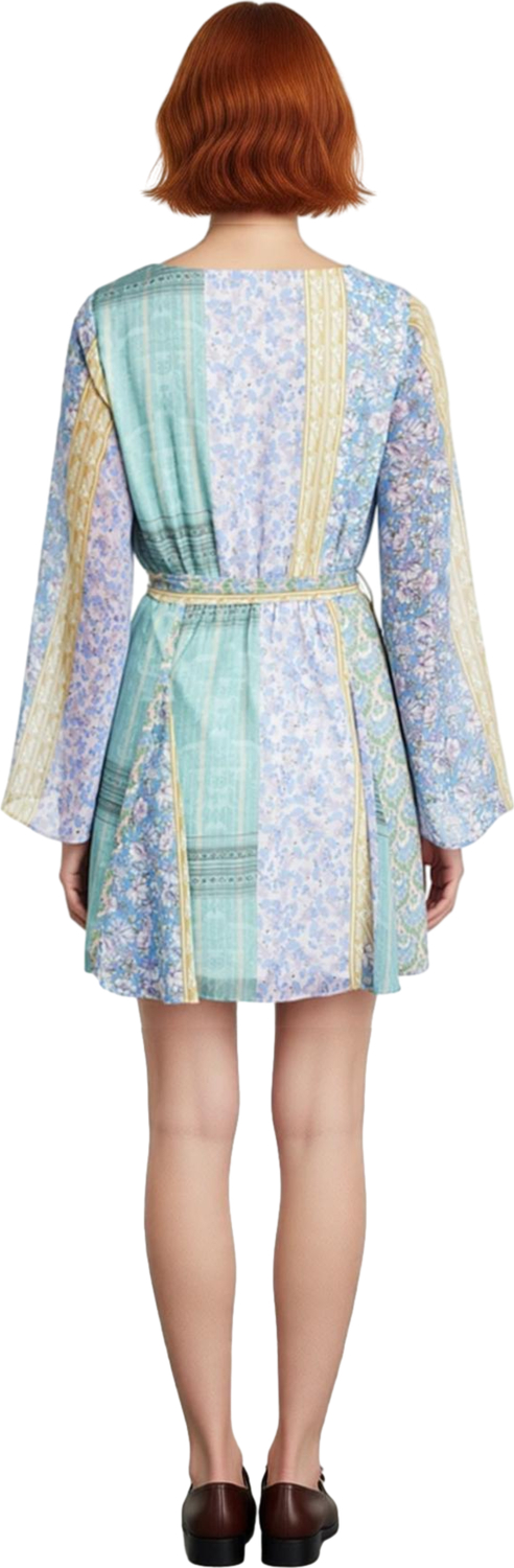 Kadın Şifon Patchwork Mini Elbise İlkbahar Sonbahar Modası Bisiklet Yaka Skater Kalıp Uzun Kollu