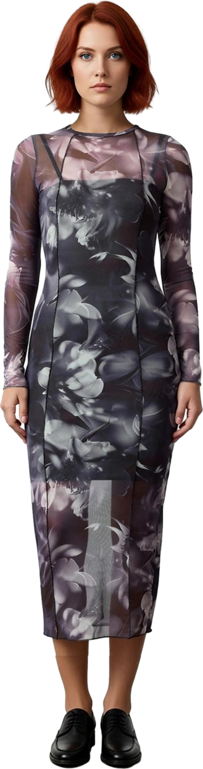 Kadın Bodycon Midi Elbise Astarlı Tül Kumaş Uzun Kollu Bisiklet Yaka Desenli Kışlık Şıklık