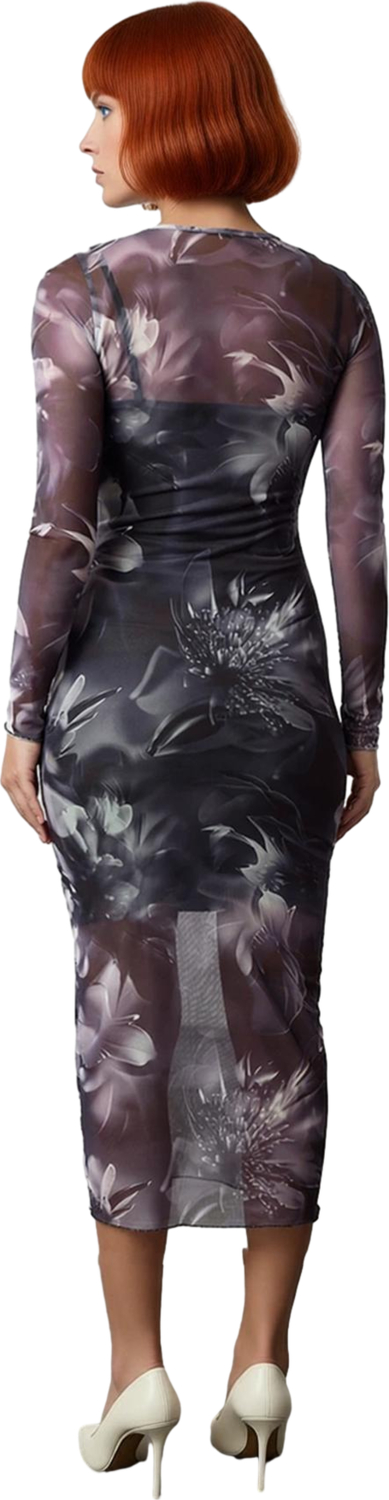 Kadın Bodycon Midi Elbise Astarlı Tül Kumaş Uzun Kollu Bisiklet Yaka Desenli Kışlık Şıklık