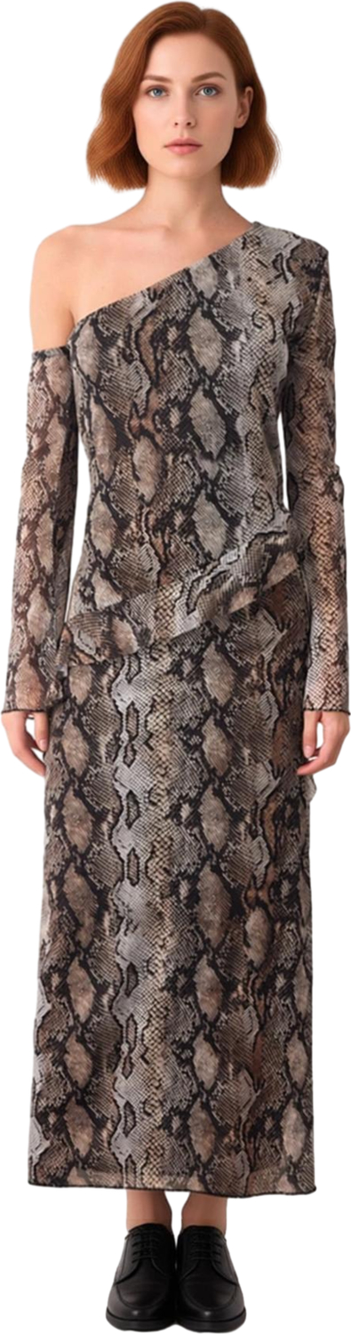 Kadın Asimetrik Yaka Açık Omuz Bodycon Kalıp Uzun Kollu Maxi Tül Örme Elbise Animal Desenli Fırfır