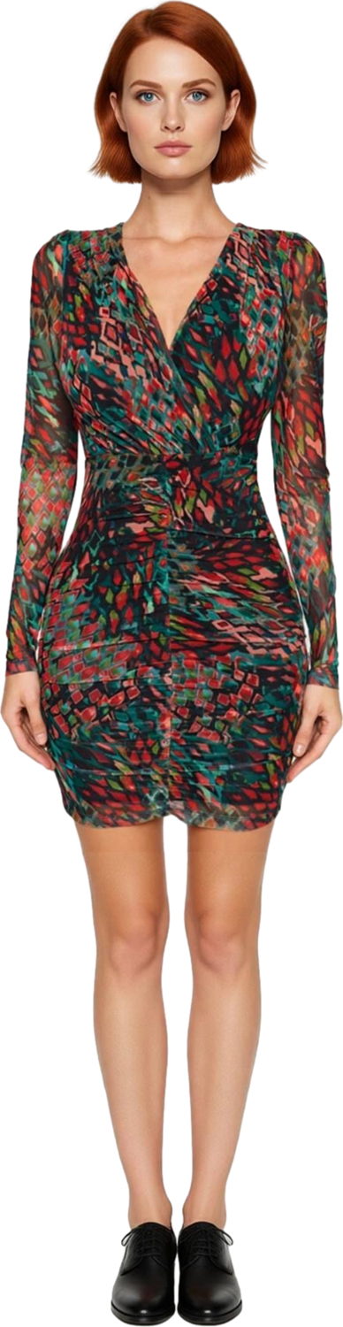Kadın Feminine Tarz Astarlı Bodycon Uzun Kollu V Yaka Soyut Desenli Tül Mini Elbise Günlük Şıklık