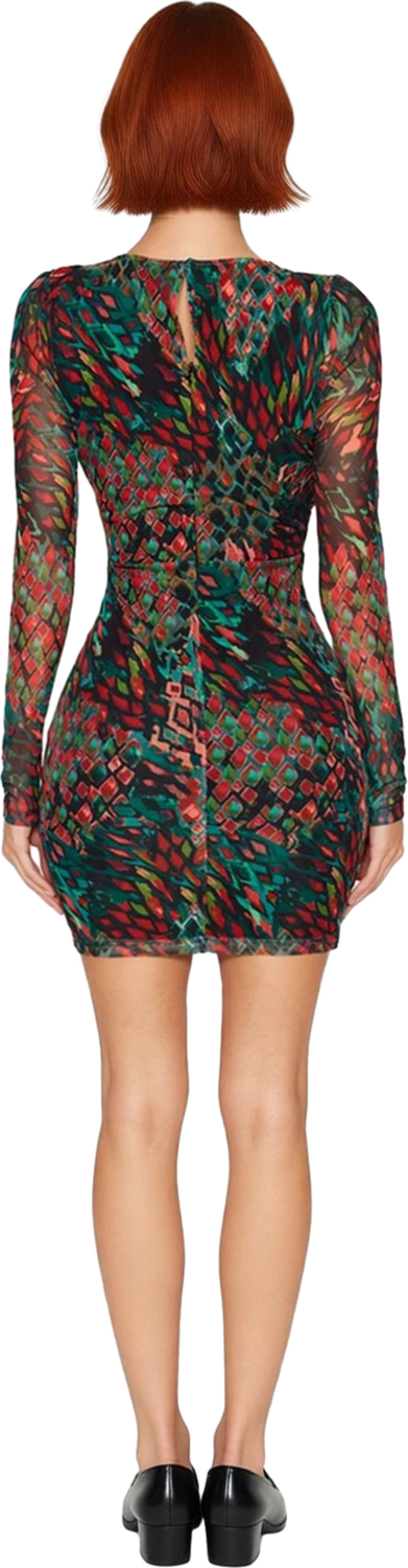 Kadın Feminine Tarz Astarlı Bodycon Uzun Kollu V Yaka Soyut Desenli Tül Mini Elbise Günlük Şıklık