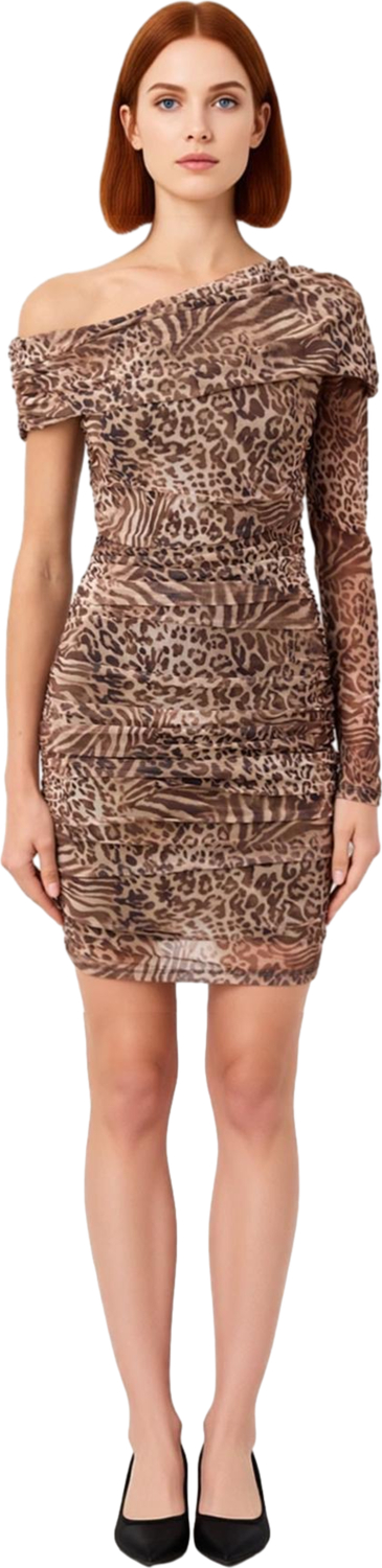 Kadın Bodycon Tek Kol Mini Tül Elbise Asimetrik Yaka ve Animal Deseniyle Şık Modern Bir Seçim