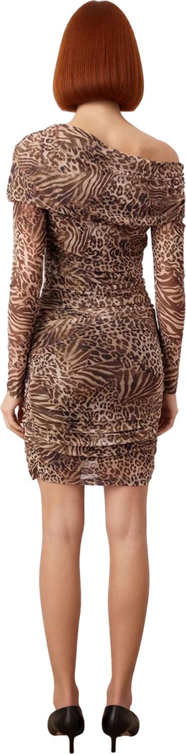 Kadın Bodycon Tek Kol Mini Tül Elbise Asimetrik Yaka ve Animal Deseniyle Şık Modern Bir Seçim