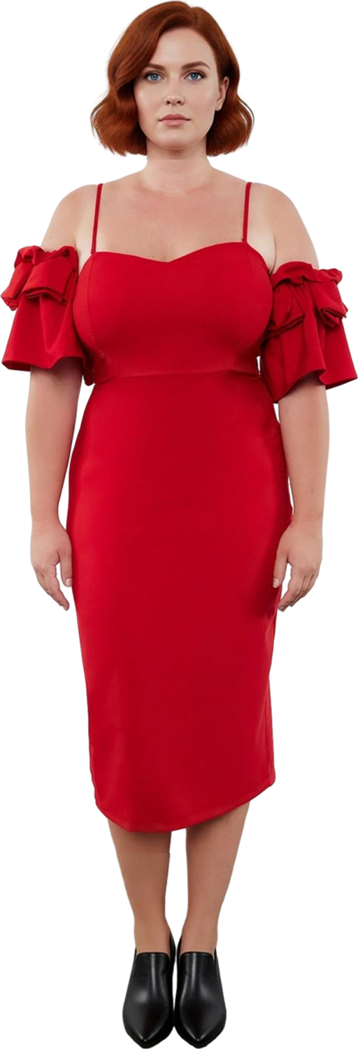 Kadın Abiye Bodycon Elbise Astarlı Midi Boy İnce Askılı Fırfırlı Kol Şık Kokteyl ve Mezuniyet