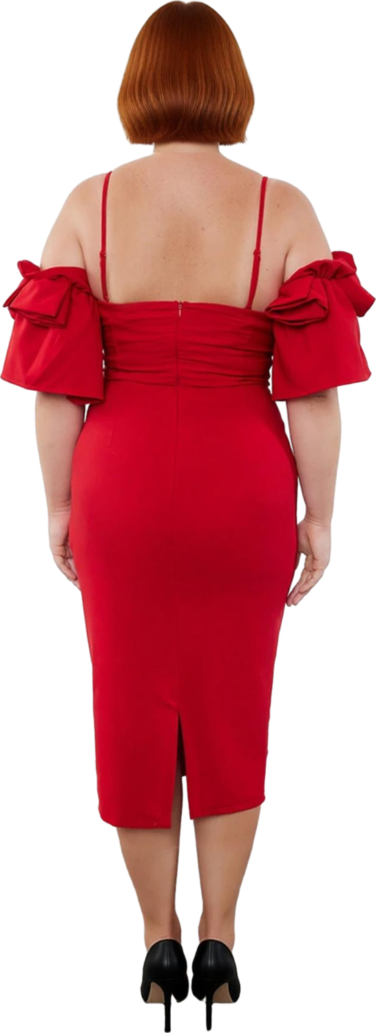 Kadın Abiye Bodycon Elbise Astarlı Midi Boy İnce Askılı Fırfırlı Kol Şık Kokteyl ve Mezuniyet