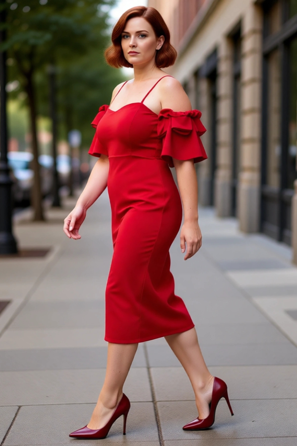 Kadın Abiye Bodycon Elbise Astarlı Midi Boy İnce Askılı Fırfırlı Kol Şık Kokteyl ve Mezuniyet
