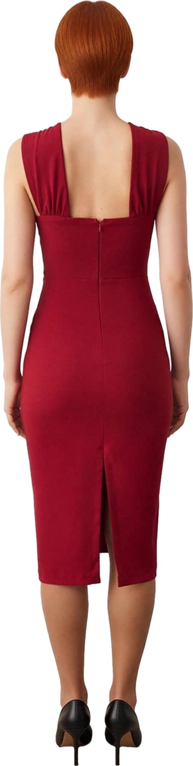 Bordo Dokuma Kumaş Kadın Halter Yaka Bodycon Midi Elbise Özel Davetlerde Asil Bir Şıklık Sunar