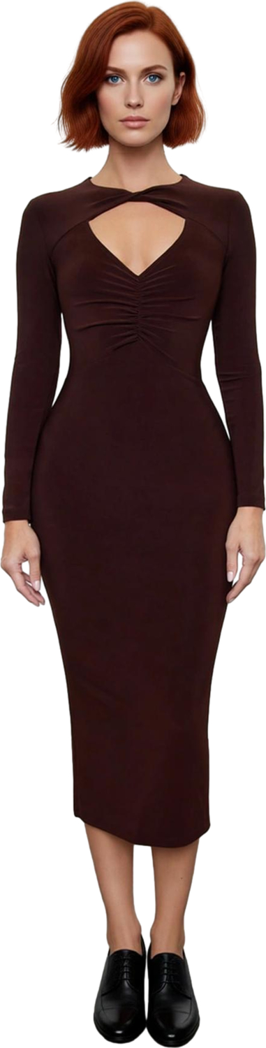 Moda Fitted Midi Boy Vücuda Oturan Pencere Cut Out Detaylı Örme Drapeli Şık Abiye Elbise