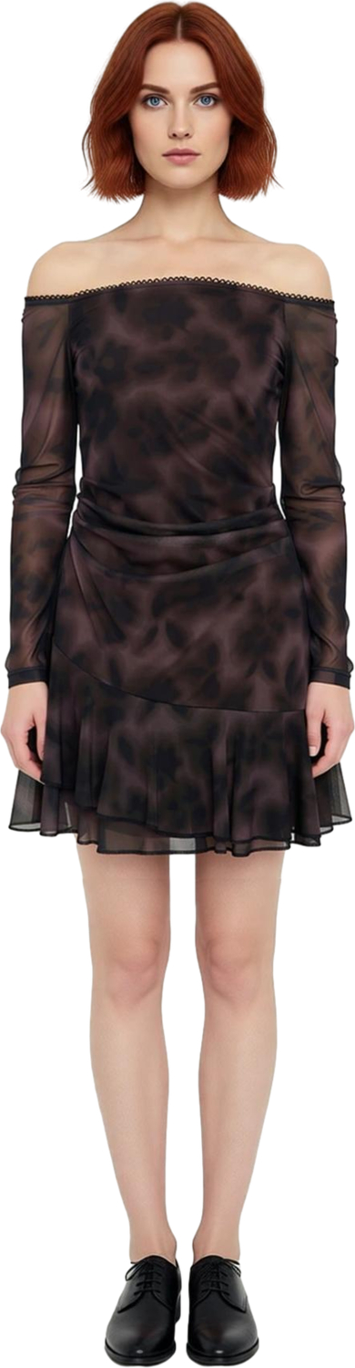 Kadın Carmen Yaka Astarlı Tül Kumaş Fırfırlı Bodycon Kesim Uzun Kol Mini Elbise Kaliteli Şık