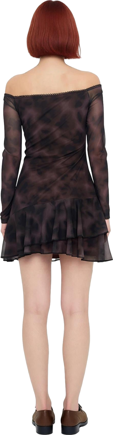 Kadın Carmen Yaka Astarlı Tül Kumaş Fırfırlı Bodycon Kesim Uzun Kol Mini Elbise Kaliteli Şık