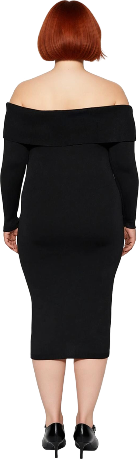Kadın Düşük Kol Bodycon Siluet Carmen Yaka Triko Midi Elbise Zarif Ve Modern Kış Stili İçin İdeal
