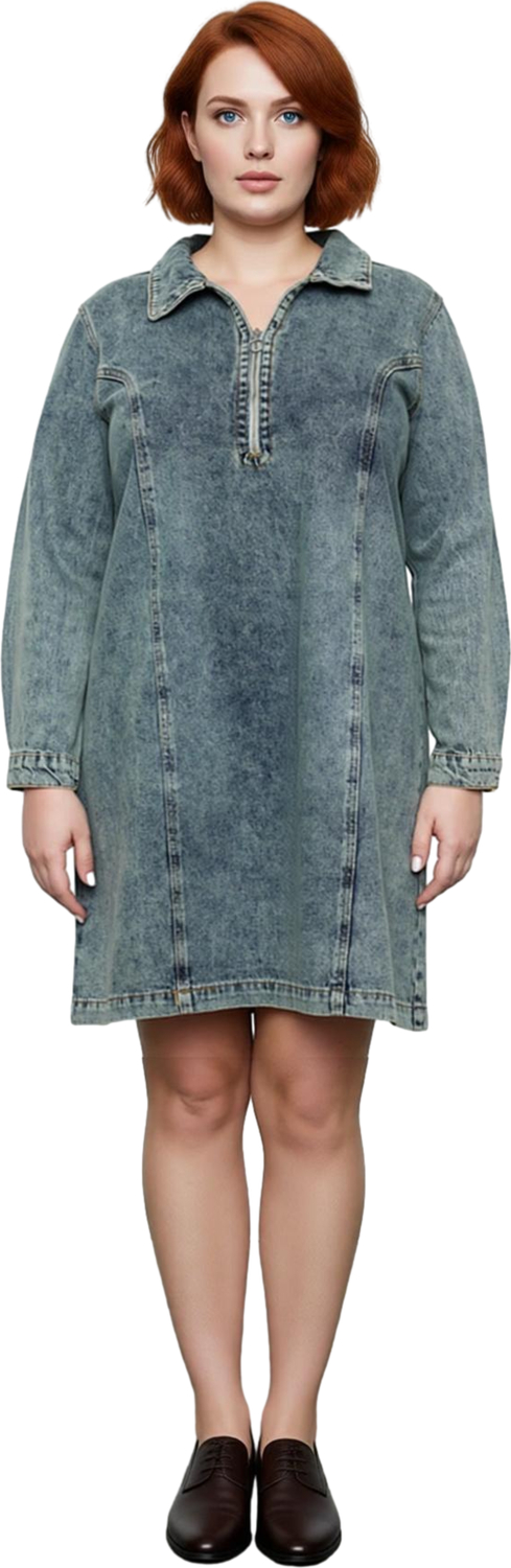 Kadınlara Özel %100 Pamuk Mavi Düz Desen Gömlek Yaka Denim Shift Kalıp Mini Elbise Kaliteli