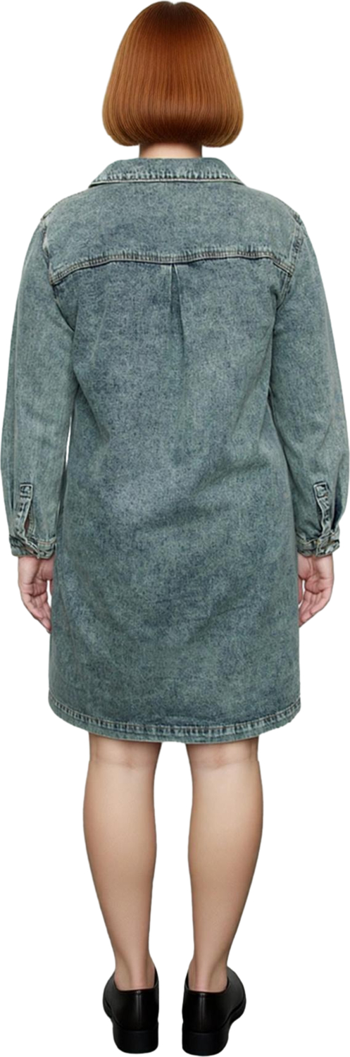 Kadınlara Özel %100 Pamuk Mavi Düz Desen Gömlek Yaka Denim Shift Kalıp Mini Elbise Kaliteli