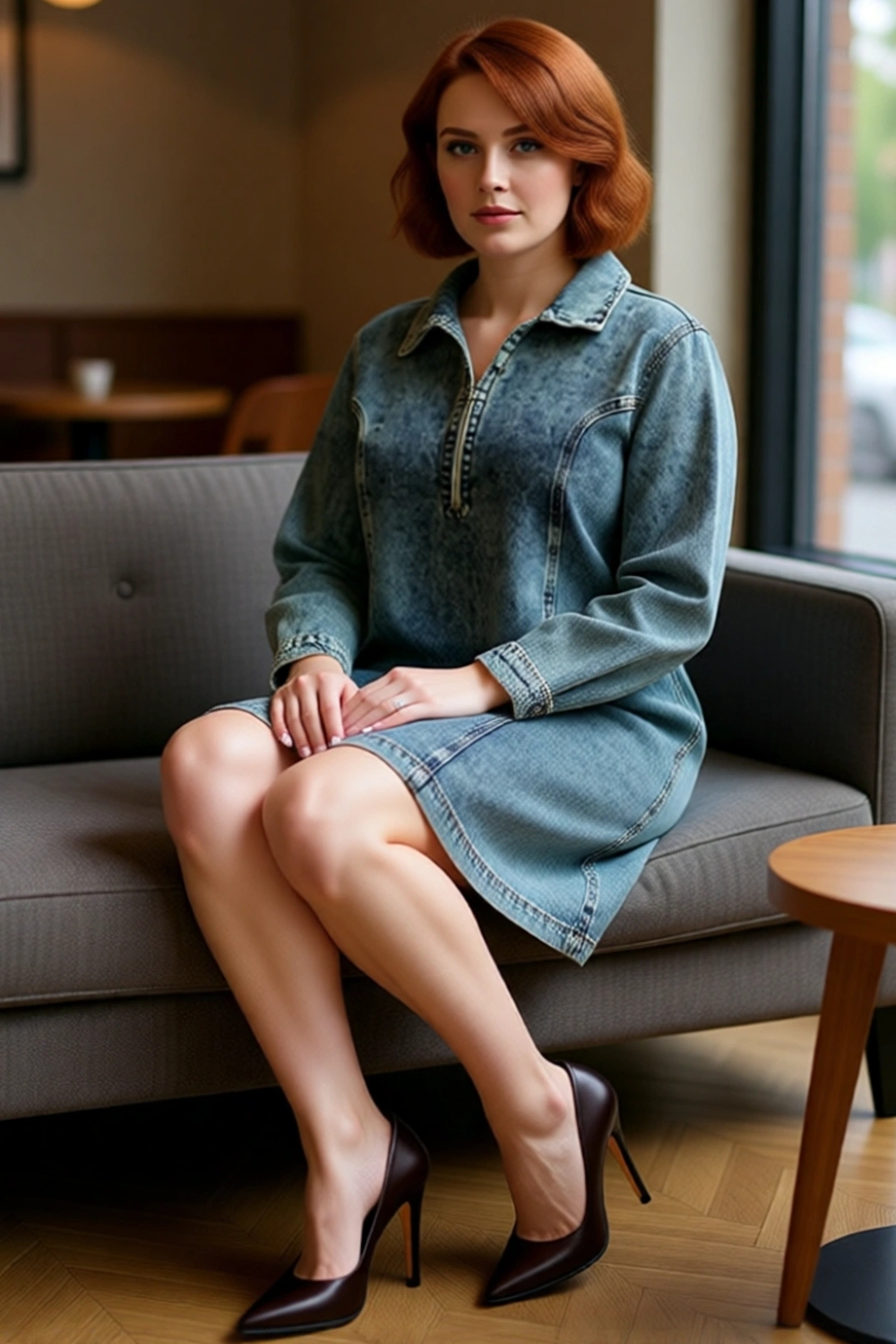 Kadınlara Özel %100 Pamuk Mavi Düz Desen Gömlek Yaka Denim Shift Kalıp Mini Elbise Kaliteli