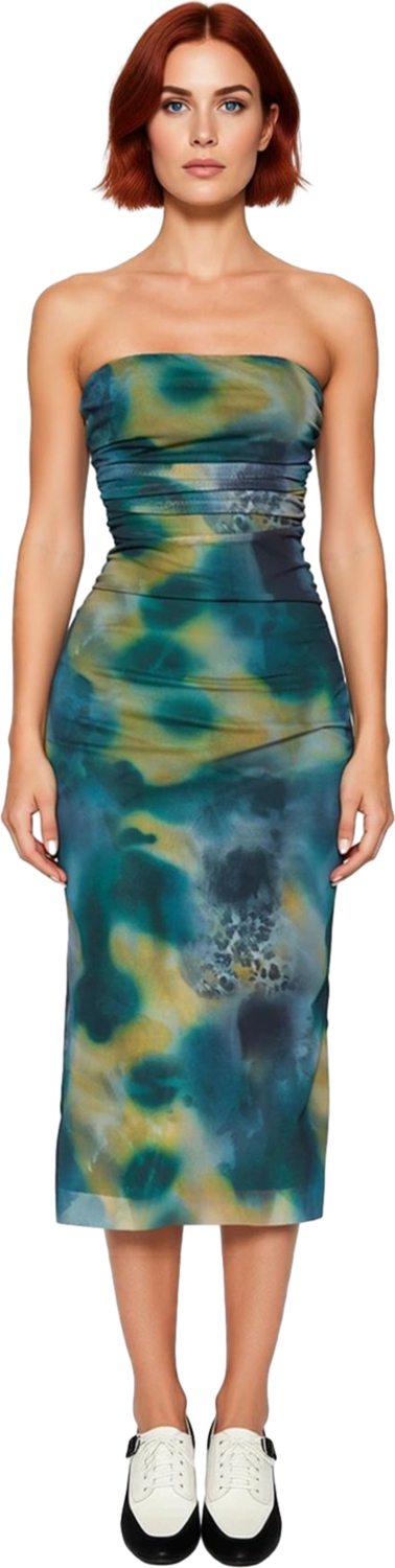 Kadın Örme Tül Kumaş Bodycon Midi Abiye Elbise Straplez Yaka Kolsuz Büzgü Detaylı Özel Davet