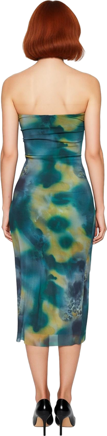 Kadın Örme Tül Kumaş Bodycon Midi Abiye Elbise Straplez Yaka Kolsuz Büzgü Detaylı Özel Davet